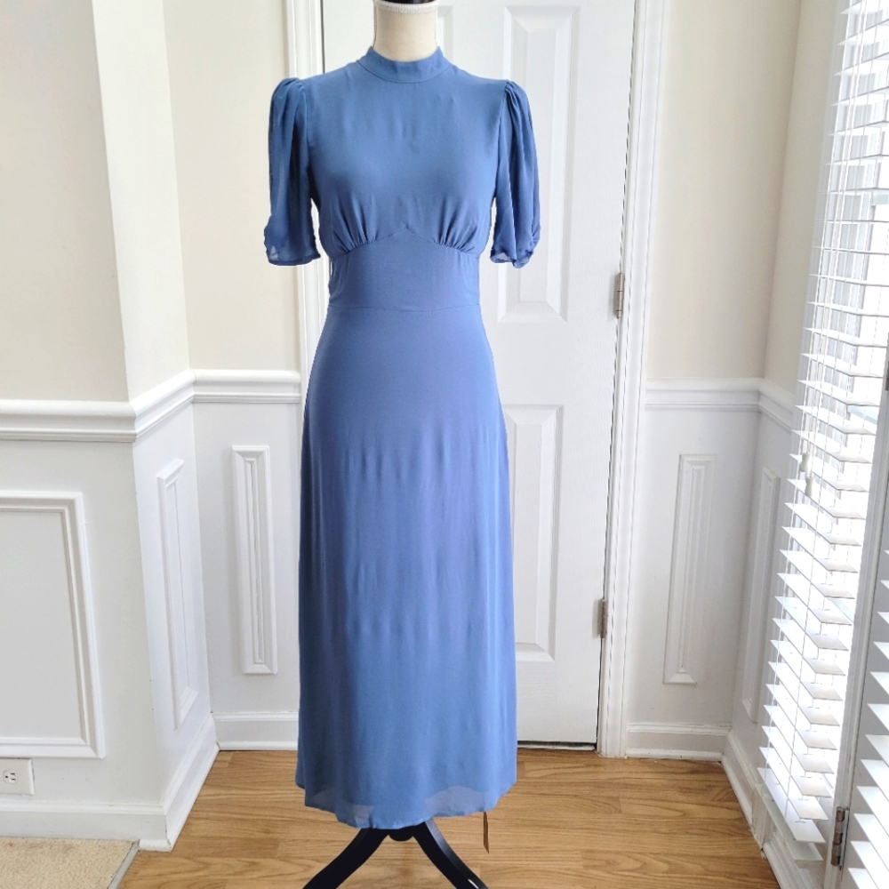Reformation Dusk Dress Morning Glory Blue Backless Puff Sleeve Midi Wedding Sz 2